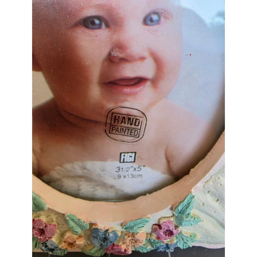 FIGI Baby's Baptism Picture Frame Hand Painted Lamb Cross Floral 3.5x5 Photo